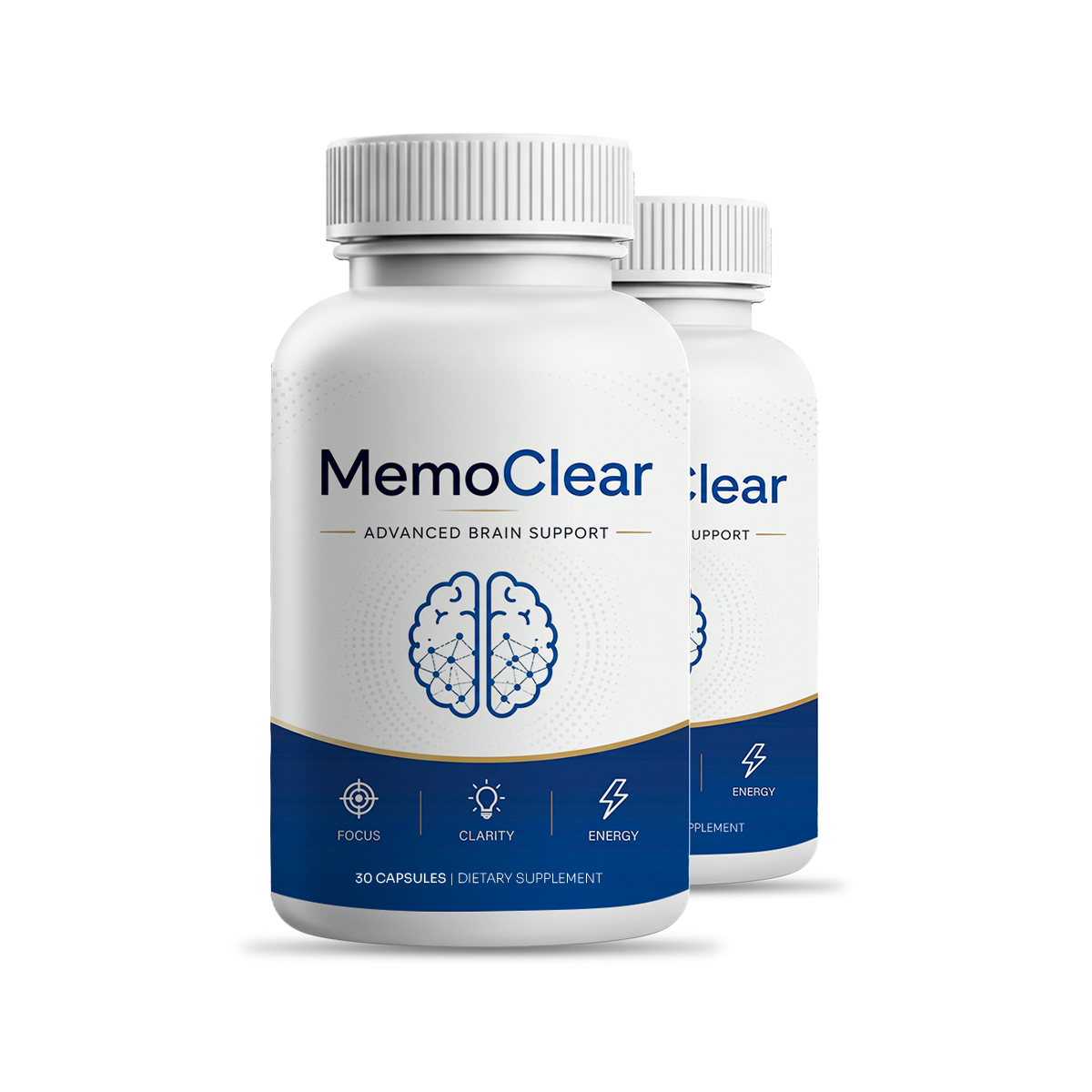 MemoClear dietary supplement bottle label showing focus clarity and energy