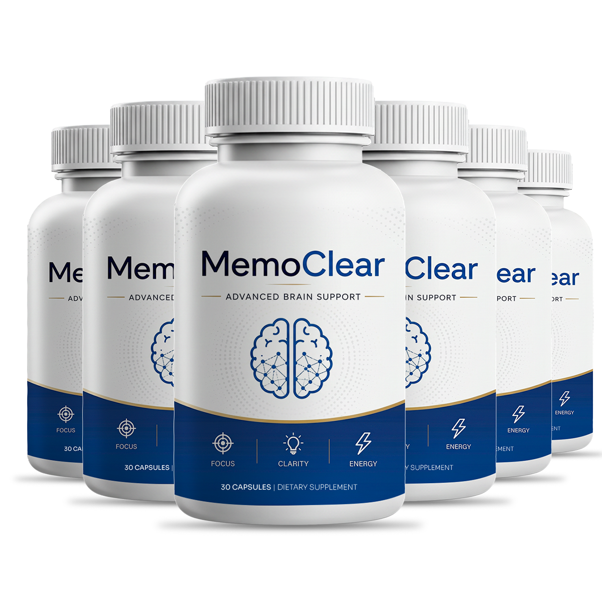MemoClear supplement bottles, six pack, dietary supplement for focus clarity and energy